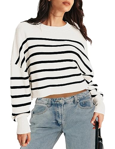 レディースウェア BRIEFING WOMEN STRIPE CREW NECK KNIT M MEROKEETY Women's Long Sleeve Crew Neck Striped Crop Sweater