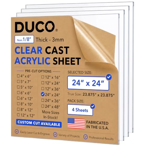 Duco 1/8" Clear Cast Acrylic Sheets, 24"x24" Plexiglass Sheets, 4 Pack