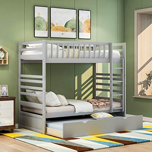 Solid Wood Bunk Beds with Trundle, Twin Over Twin Bed Frame with Ladder and Guardrail (Gray)