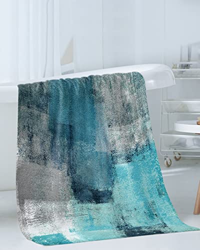Abstract Teal Turquoise Towel Sets For Bathroom,Microfiber Bath Kitchen Beach Hair Hand Yoga Dish Towels And Washcloths,Modern Geometric Painting Grey Art Quick Dry Decorative Towels+Set Accessories #TOP2