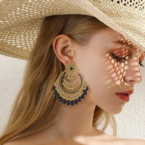 Boho Ball Tassel Dangle Large Earring for Women Girls Oversize Rhinestone Crystal Bohemian National Style Chandelier Statement Beaded Jhumka Bollywood Drop Stud Vintage Indian Jewelry Gift Lightweight2