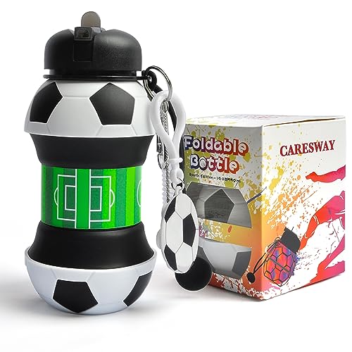 CARESWAY Football Water Bottle for Boys and Girls - Football Gifts for Boys and Girls - Collapsible Bottle for Children Drinks
