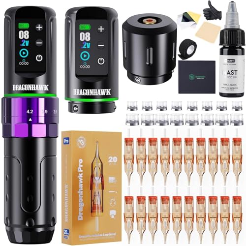 Dragonhawk L3 Kit Máquina de Tatuar Inalámbrica, Rotativa Tattoo Gun 7 Strokes Length, 2 Baterías 2000 mAh,Conector RCA, Agujas,para Principiantes