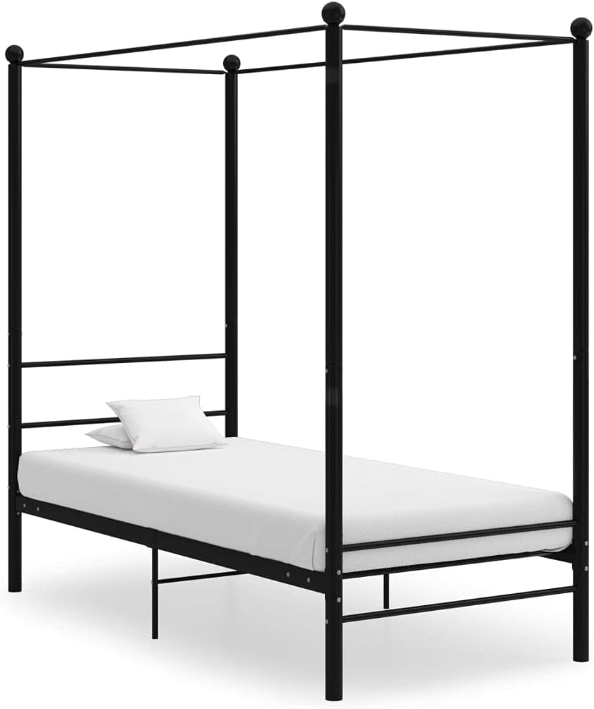 Black Metal Canopy Bed Frame, Queen Size, 100x200 cm, Sturdy Platform Base with Headboard, No Box Spring Needed, Elegant Design for Bedroom, Durable Slats Included
