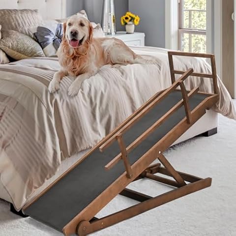 SLSY Dog Ramp, Folding/Portable/Rubber Mat High Traction/Natural Wood/5 Adjustable Levels, 55.1" Long for High Bed, Suitable for Small & Old Dogs & Cats, Upgraded Cover