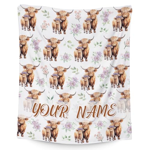 Custom Highland Cow Blanket for Women, Cozy Soft Throw Gifts, Cute White Flannel Throw Blankets for Couch Office, 60x80 Inches