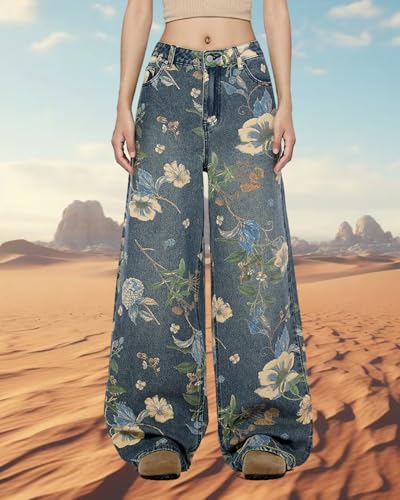 Women Men's Plant Flower Print Baggy Jeans, Streetwear Vintage Loose Flowers Printed Button Denim Pants with Pockets2