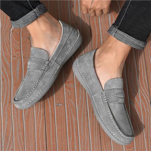 Round Toe Breathable Loafers Shoes Genuine Leather Stitching Details Suede Vamp Anti-Slip Slip Resistant Flat Heel Party Slip-on3