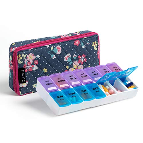 Image of Weekly Pill Organizer 2 Times a Day, Zumd Pill Box 7 Day with Cute Quilted Fabric Zipper Case, Travel Pill Case Am Pm for Vitamin Medicine Organizer