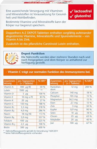 Doppelherz A-Z Complete - Langzeit-Vitamine - 23 Vitamine, Mineralstoffe & Spurenelementen PLUS Lutein - 120 DEPOT-Tabletten
