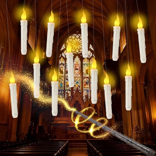 HAUSPROFI Floating Candles with Wand, 24 Pcs Flickering Warm Light Flameless LED Magic Hanging Candles, Floating Led with Wand Remote, Christmas Party & Halloween Decoration (Candle Light 12 Pcs)