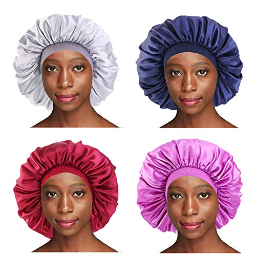 4PCS Sleep Cap Night Satin Bonnet Wide Elastic Band Soft Hat Hair Loss Chemo Caps Sleeping Head Cover Silky Turban Shower Bath Hats