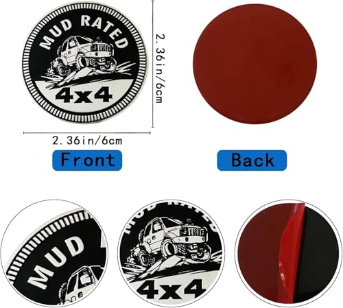 Image of 2Pcs MUD Badge Rated Car Emblem, 4 x 4 Metal Automotive Badge 3D Metal Car Badges Emblems Round Emblem Decals Car Badge Decals Stickers Compatible for Jeep Wrangler SUV Vehicles Trucks Accessories