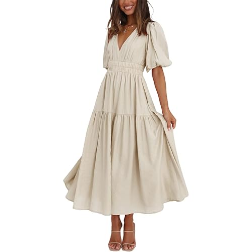 HOULENGS Women's Deep V Neck Puff Short Sleeve Tiered Dress Elastic High Waist Flowy A Line Midi Dresses