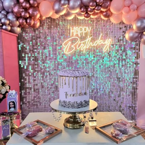 Image of Shimmer Wall Backdrop Pink Iridescent Square Sequin Wall Panel Backdrop Decor for Wedding, Anniversary, Birthday, Party, 12 Panels