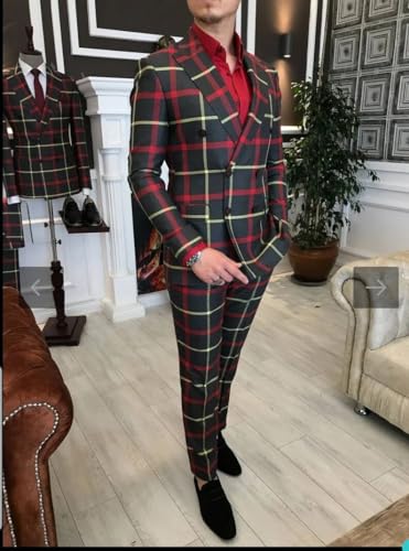 Men's Checked Double Breasted Buttons Suit Jacket Peak Lapel Groom Homecoming Uniform Blazer3