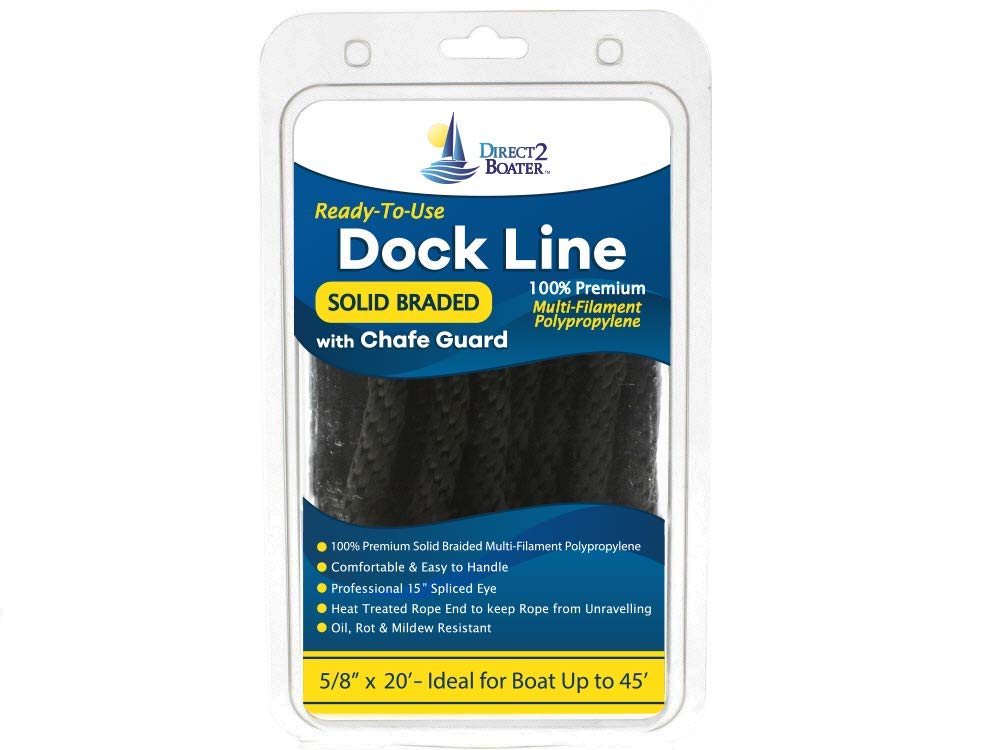 Direct 2 Boater 5/8" x 20' Black Solid Braided Poly Dock Line w/Chafe Guard for Boats up to 45' - Sold Individually