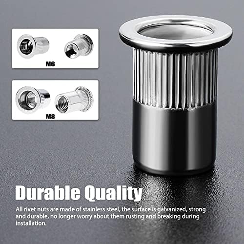 Gueenky 100PCS M6 M8 Rivet Nuts, M8 M6 Nutsert Stainless Steel, Flat Head M6 M8 Threaded Rivets Nutsert for Wood Furniture