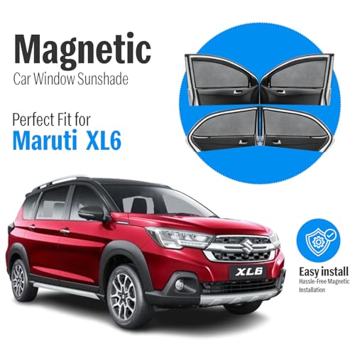 Image of Autofact Magnetic Car Sunshades Compatible with Maruti XL6 (2019 to 2024) (Set of 4) - Easy Installation, UV Protection, Keeps Car Cool (Front 2 with Zippers for Easy Access, Rear 2 Without Zippers)