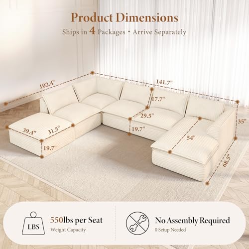 Image of Vesgantti 141.7 inch Oversized Sectional Boneless Couch, Modern 7 Seater Modular Sofa with Chaise & Ottoman, Deep Seat Plush Corduroy Cloud Couches for Living Room, No Assembly Required, Beige