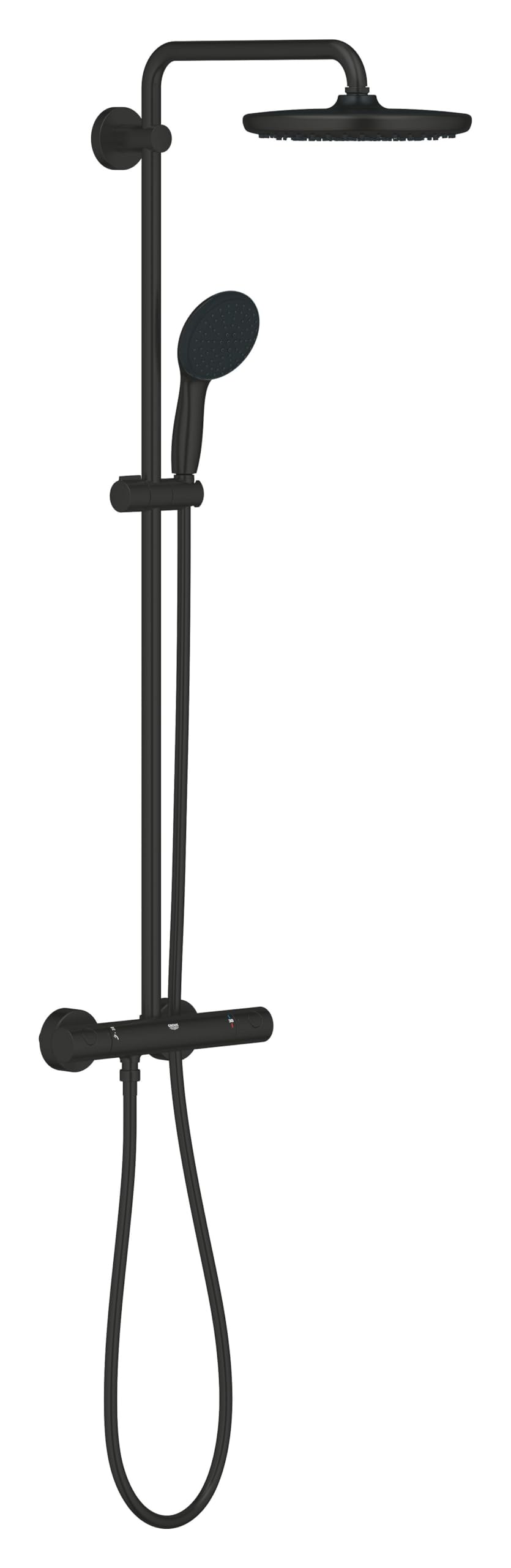 Grohe Vitalio Start System 250 - Colonna doccia con miscelatore termostatico, doccia a testa rotonda, 25 cm, 1 getto, doccetta rotonda 11 cm, 2 getti, flessibile 1,75 m, risparmio idrico, nero opaco,