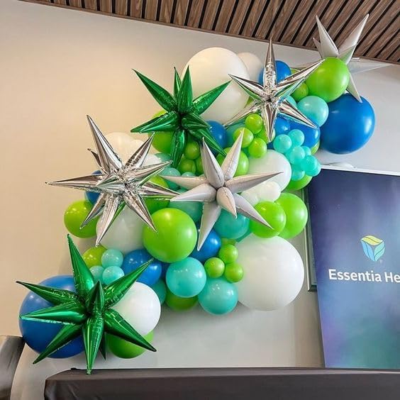 Image of 50Pcs Blue Green Balloons 12inch Light Green Blue Vintage Confetti Balloon with Ribbons for Boys Birthday Party Jungle Safari Themed Decoration