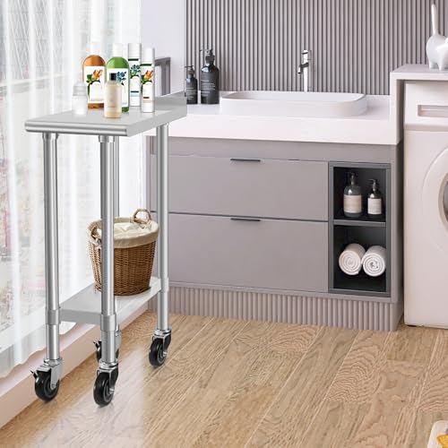 Image of HARDURA Stainless Steel Commercial Work Table with Wheels Prep & Work Metal Table 24x12 Inches Heavy Duty NSF with Casters and 2 inch Backsplash