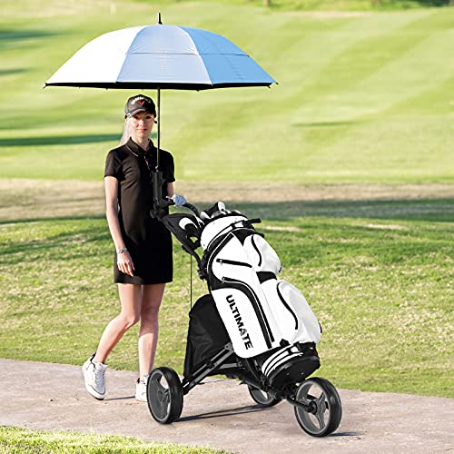 COSTWAY-Carro-de-Golf-de-Empuje-con-3-Ruedas-Carrito-de-Golf-Plegable-con-Bolsa-Recubierta-en-Aluminio-Tira-elastica-Paraguas-Regulable-y-Portavaso-Marcador-y-Freno-de-Pedal
