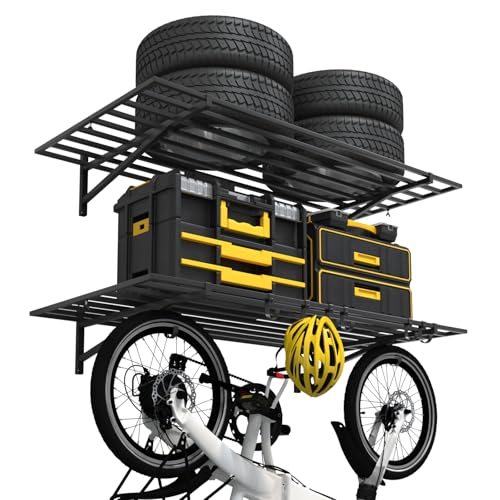 Yaciente 2-Pack 2×4ft Steel Garage Wall Shelving, 500lbs Each Load Capacity, Black, Hooks, Tool & Equipment Storage