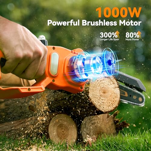 Image of Mini Chainsaw Cordless, 8 Inch & 6 Inch Electric Chainsaw Battery Powered, 1000W Brushless Handheld Power Chain Saw with 2 Batteries, Small Tree Saw for Branch Trimming Wood Cutting