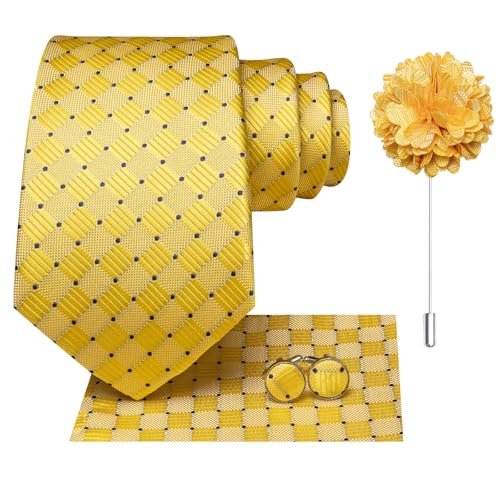 Image of Hi-Tie Men Silk Ties Set with Flower Lapel Pin Necktie Pocket Square Cufflinks for Tuxedo Wedding Business