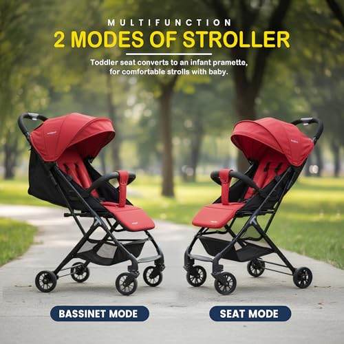 Image of BAYBEE Baby Stroller With 2 in 1 Bassinet & Seat Mode with Parent Handle Bar, 360 Swivel Wheels, 3 Position Recline, Leg Rest, Canopy for Sun Shade & Storage Basket, Ideal Travel Friendly Strollers for Boy Girl (Red)