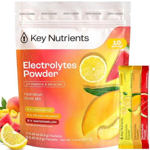 KEY NUTRIENTS Copper Electrolytes Powder Packets Variety Pack Sugar Free Hydration Drink Mix Keto Hydration Packets Improved Refreshing Taste Lemonade Peach Mango & Watermelon 10 Pack