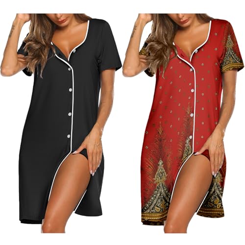 Image of Ekouaer Nightgowns for Women 2 Pack Button Down Sleepshirt Short Sleeve Nightshirt Soft Sleepwear V Neck Pajama Dress