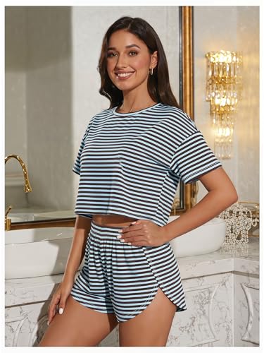 Image of OYOANGLE Womens Pajama Sets 2 Piece Sexy Lounge Sets Summer Cute Pjs Striped Print Tee and Side Split Shorts Set