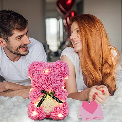 Teddy Rose Bear Gifts For Women Mom Flower Bear Rose With Box Lights I Love You Necklace 100 Languages Ear Studs Balloon Gift Card Romantic Mother Day Valentine Anniversary Birthday Gifts (Pink) #TOP4