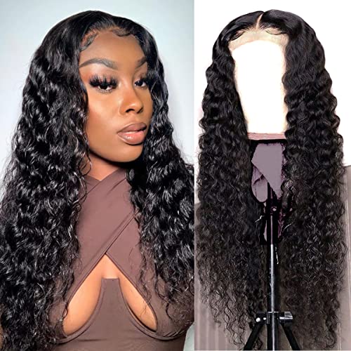 Deep Wave Lace Front Wigs Human Hair 4x4 Lace Front Wigs Human Hair Pre Plucked Curly Wigs for Black Women 150% Density Brazilian Virgin with Baby Hair Natural Color (20 Inch)