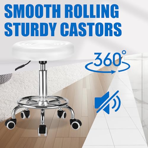 Image of Round Rolling Stool: Adjustable Height, 360Smooth Swivel, Stool with Wheels and Footrest, PU Leather, Rolling Stool Chair Compact for Massage, Tattoo, Salon Stool Weight Capacity 300LBS (White)