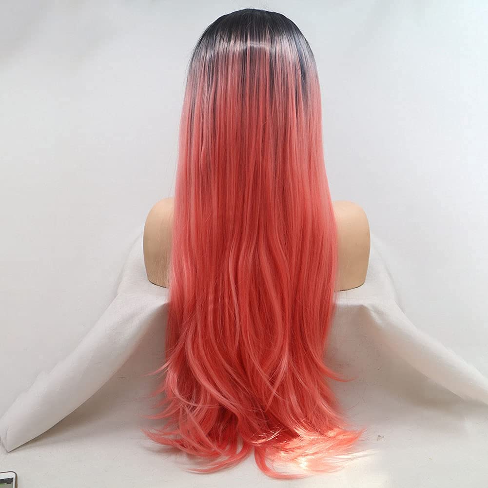 Parrucca frontale in pizzo arancione, lunga e liscia, arancione con radice nera, parrucca sintetica resistente al calore, parrucca per cosplay da donna, 61 cm