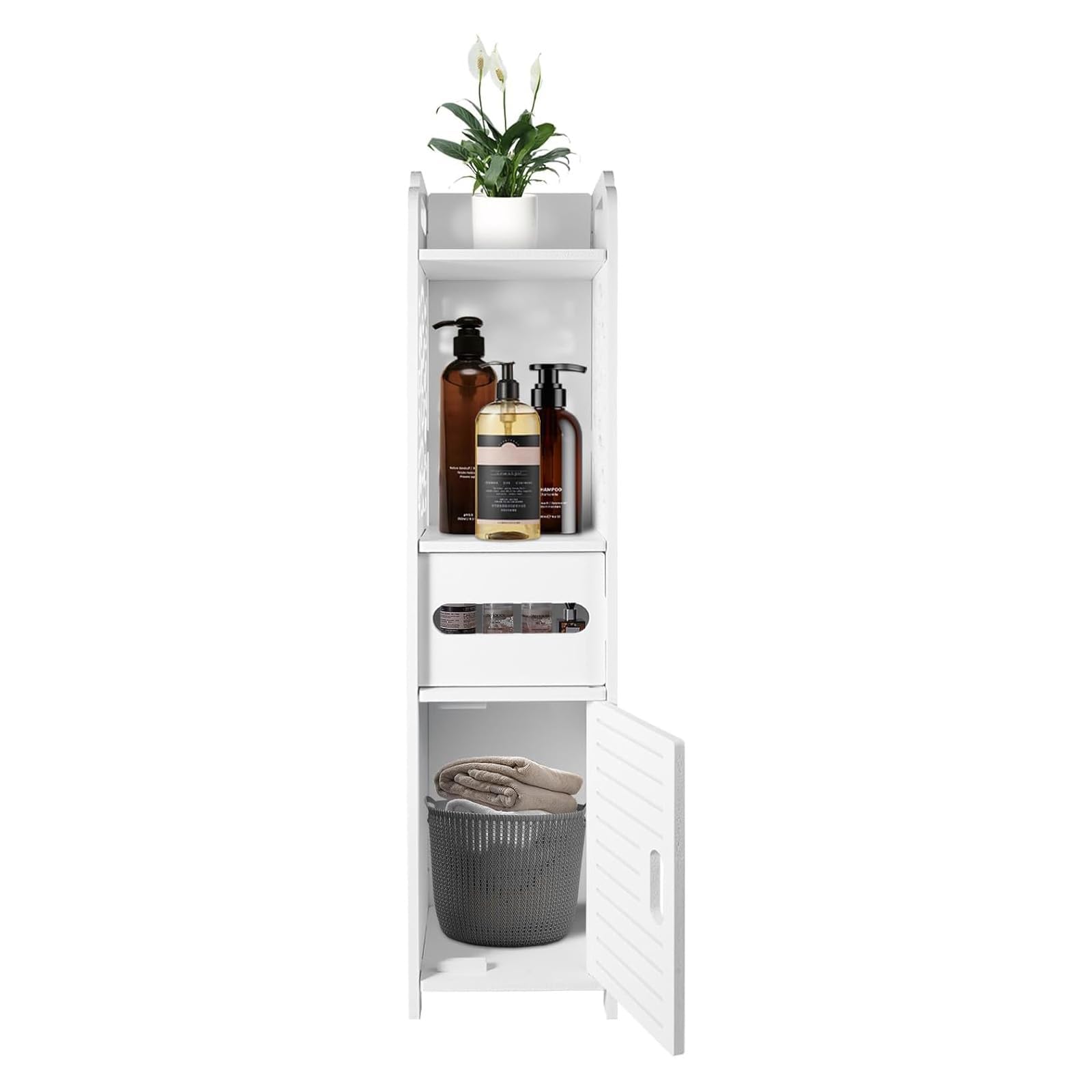 4 Tier Bathroom Floor Cabinet,White Storage Cabinet with Door,Floor Standing Waterproof Cabinet Bathroom Storage Tall Cupboard for Bathroom, Living Room, Bedroom,Balcony or Office18 x 20 x 68cm