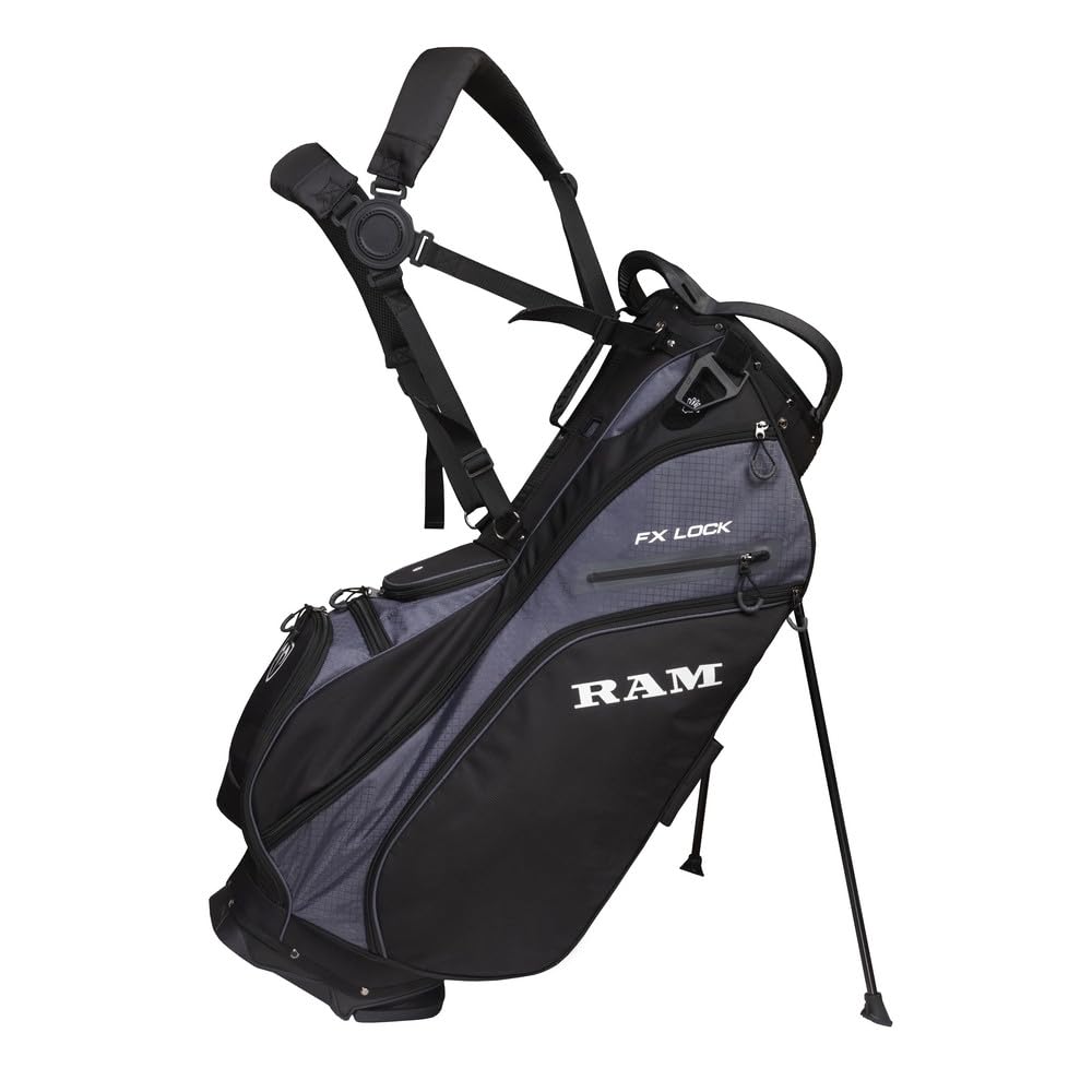Ram Golf FX-LOCK Stand Bag with 14-Way Silent Lock-In Divider Top, 8 Pockets, Dual Strap, EVA Hip Pad & Auto-Deploy Stand — Lightweight 3.4 kg Carry Bag for Men & Women Black/Grey