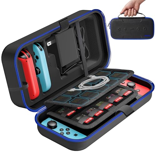 Image of OIVO Switch Case Compatible with Nintendo Switch /OLED Model, Large Switch Carry Case for Joycon and EU Power Supply, Hard Switch OLED Case with Storage for 20 Switch Games & Switch Accessories, Blue