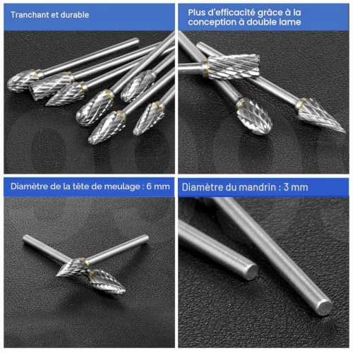 EASERIA Lot de 10 fraises rotatives en carbure de tungstène avec double coupe - Diamètre de la tige : 3 cm - Pour la découpe du bois, le perçage, la gravure, le polissage du métal – vue 6