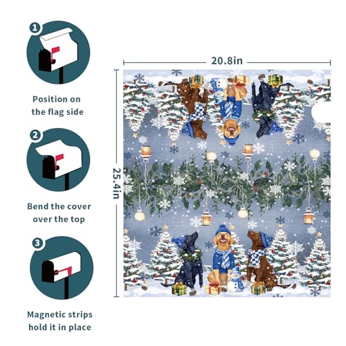 Image of Winter Dog Magnetic Mailbox Cover, 25.5x21 Inch Christmas Puppy Tree Snowman Decorative Waterproof Mailbox Wrap Letter Post Cover Large Size for Garden Yard Outdoor Season Outside