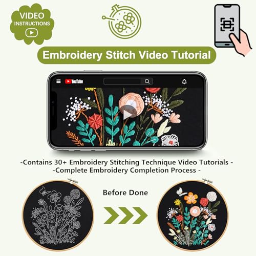 Image of Santune 3 Pack Beginner Embroidery Kits for Adults DIY Starter Kit with 33 Stitch Techniques, Stamped Patterns, Embroidery Hoop, Colorful Threads,Stitch Video Tutorial
