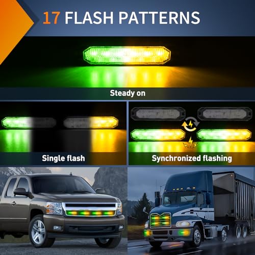 Image of Nilight 6LED Amber Green Emergency Strobe lights Sync Feature Surface Mount | 12V 24V Grille Flashing Warning Hazard Light Ultra Slim for Cars Trucks Van Off Road Vehicles SUV 4PCS