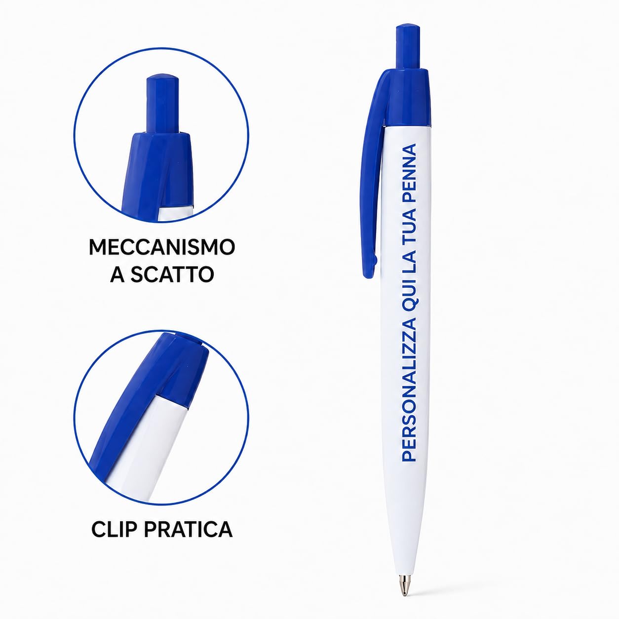 Penna Personalizzata con Logo, Nome o Testo | Penna a Sfera Personalizzabile con Stampa UV a Colori | Gadget Aziendale per Ufficio, Eventi, Fiere, Scuole e Regali Personalizzati (1000, Blu)