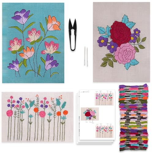 Image of picknMAKE Pack of 3 DIY Hand Embroidery Kit Set for Beginners | Hoop-Free Needle Stitch Kit on Stiff Jute Fabric with Floral Designs | Includes Threads, Cutter, Needles & Instruction
