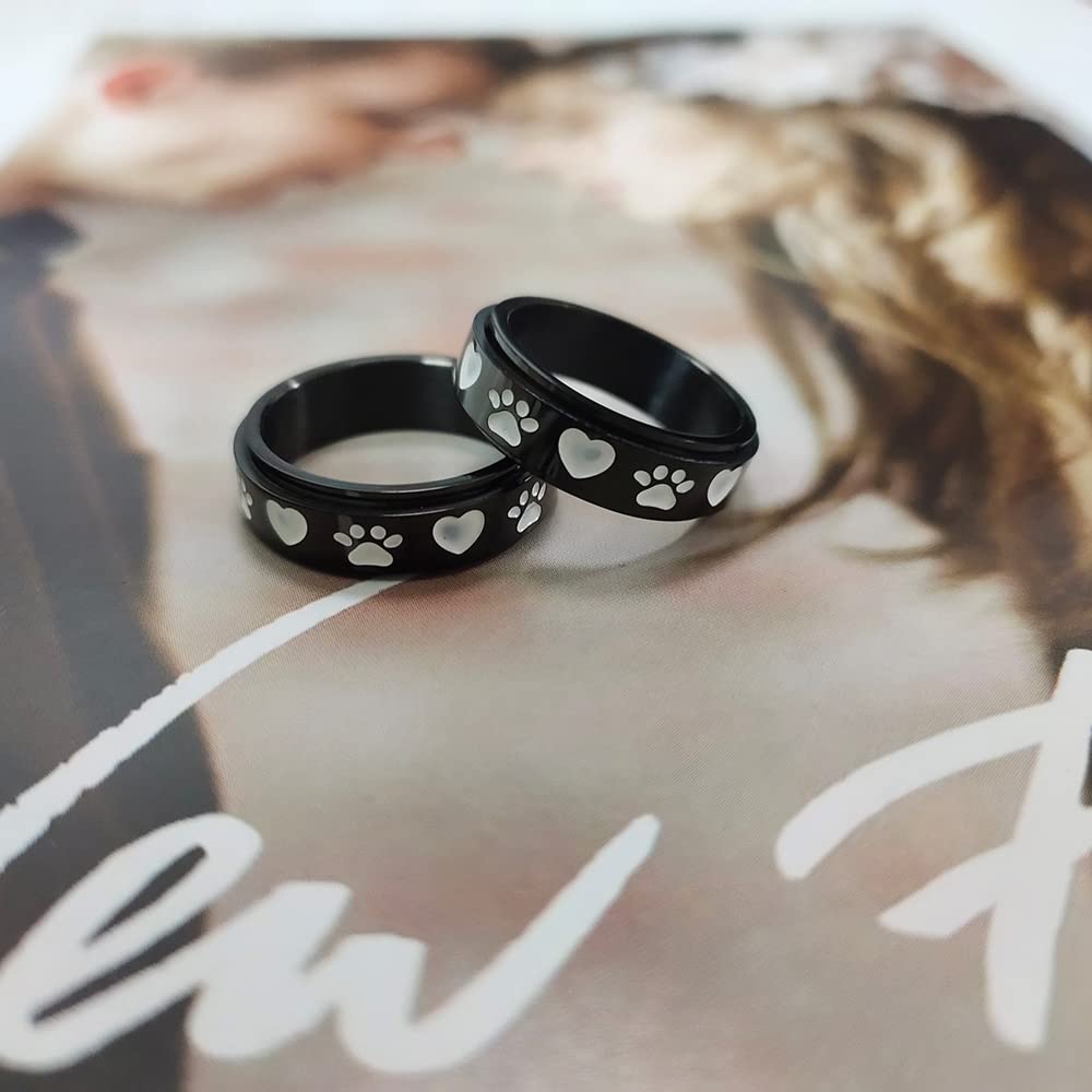 Adorable bague anti-stress avec empreintes de pattes de chien en acier inoxydable noir - Cadeau de mariage ou d'anniversaire pour femme et homme - Pour l'ennui, le TDAH, l'autisme et l'anxiété