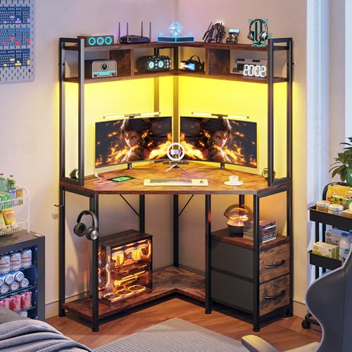 Image of DurayLoly 63 inch Triangular Corner Desk with Hutch,Ample Storage for Small Room,Spacious 36 inch W Desktop,2 Fabric Drawers and Bottom Wooden Shelves,Versatile Computer Desk that Meets All Your Needs,Brown